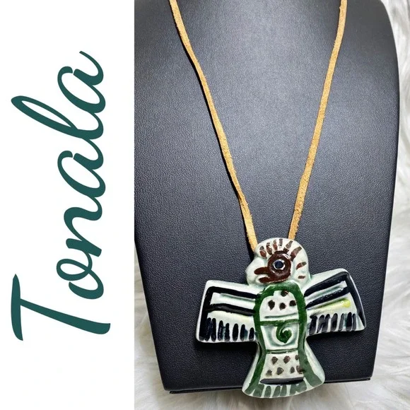 Vintage Signed Tonala Mexico Ceramic Thunderbird Pendant Necklace Folk Art - Picture 4 of 8